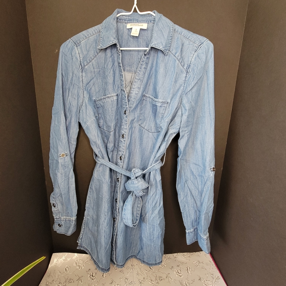 Motherhood Maternity Denim Blouse Women's XS Blue Long Sleeve Shirt Waist Tie